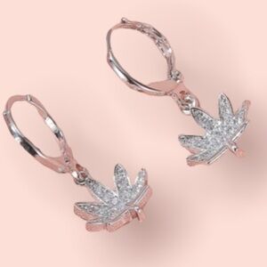 Rhinestone Encrusted Silver Leaf Design Dangle Drop Huggie Cuff Style Earrings